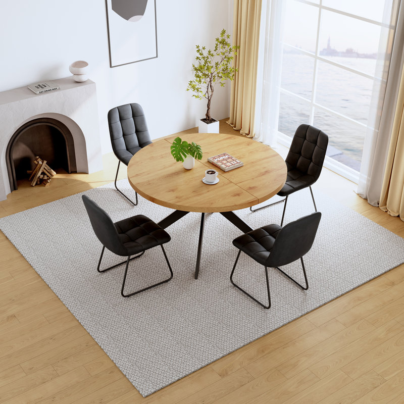 46.4" Round Table Set Of 4 , Modern Kitchen Table Set, Mdf Dining Table With Dining Chairs, Black