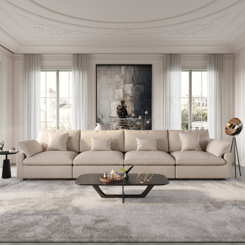 Kyna Upholstered 4-Piece Linen Slipcovered Sofa, Khaki