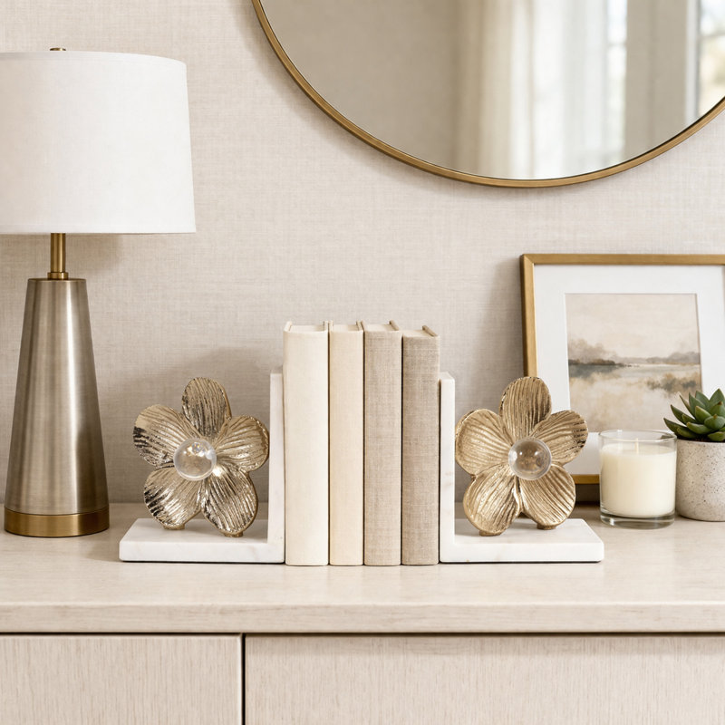 Serre-livres fleur moderne avec orbes en acrylique - décor décoratif pour bureau, accessoire de tablette et bibliothèque - ensemble de 2, 6 po, or et blanc