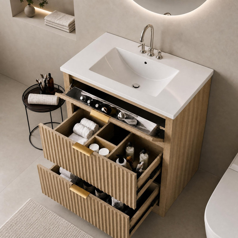 Meuble-lavabo de salle de bain 36 po avec lavabo, meuble-lavabo autoportant cannelé avec 2 tiroirs et 1 tiroir rabattable, lavabo en céramique, facile à assembler
