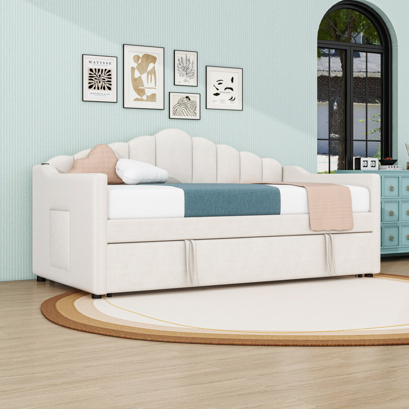 Twin Velvet Upholstered Daybed with Pop-Up Twin Trundle, Charging Station and Storage Pockets, Beige