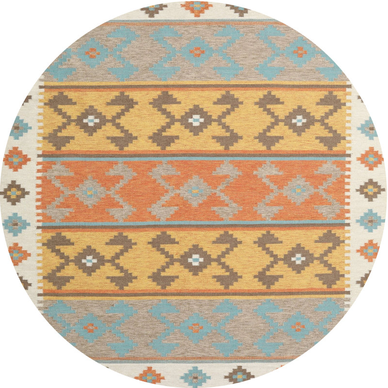 Tapis contemporain gris / jaune / rouge, Rond 8 pi