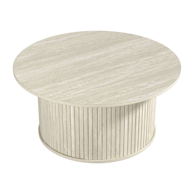 Aurel Modern 31.1" Fluted Round Living Room Coffee Table, Travertine