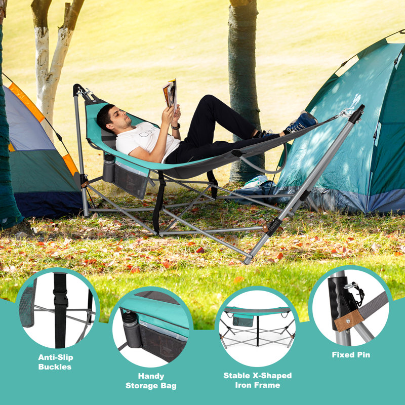 Turquoise Folding Hammock with Iron Stand and Side Pocket