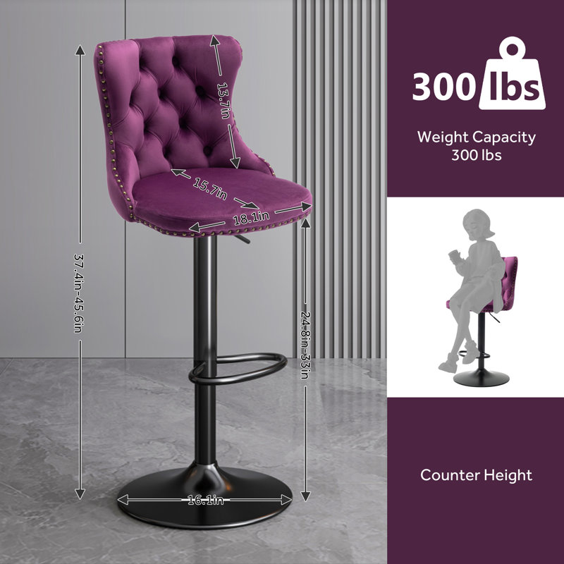 Modern Upholstered Black Swivel Velvet Bar Stools (Set of 4), Purple, 2