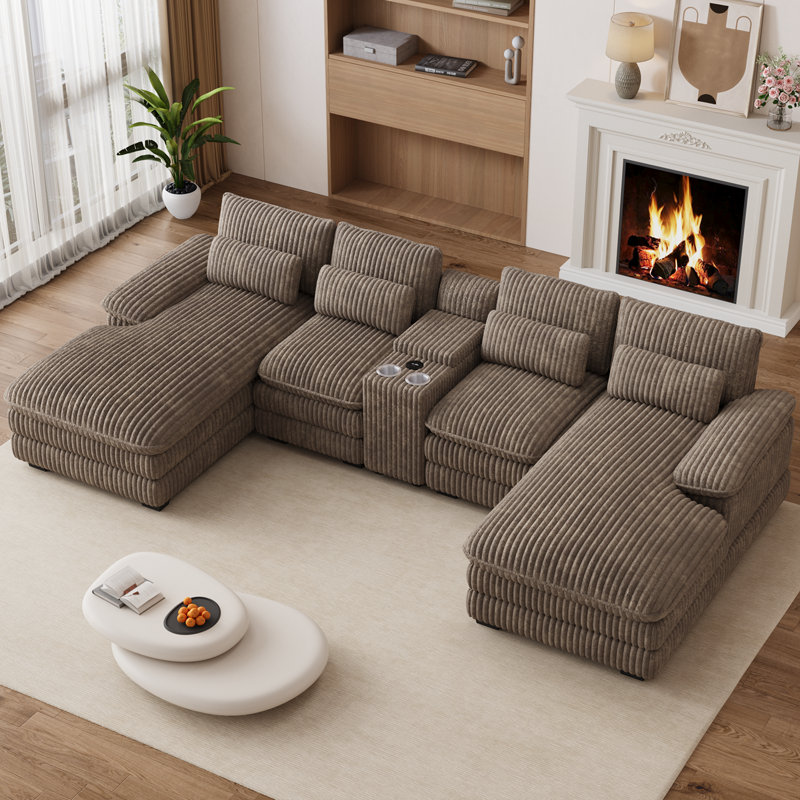 5 Piece U Shape Sectional Sofa Cloud Couch Double Chaise Sectional Couch with Console, Light Brown Corduroy
