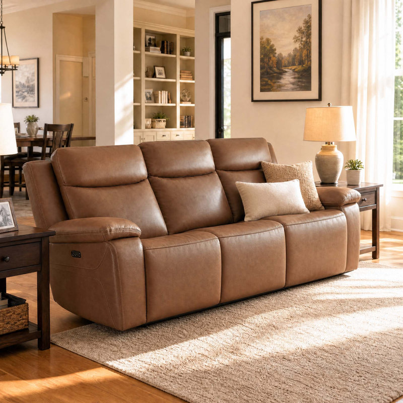 Kenol 88.2'' Wide Brown Camel Genuine Leather Power Reclining Sofa with Adjustable Headrest, Brown