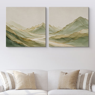«Misty Green Mountain Valley with Rolling Hills And Serene Nature Mood», ensemble de 2 reproductions d'art sur toile encadrées