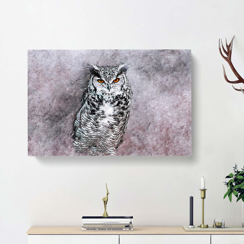 Horned Owl In Pink & Lilac In Abstract - Wrapped Canvas, 60cm H x 91cm W x 3cm D
