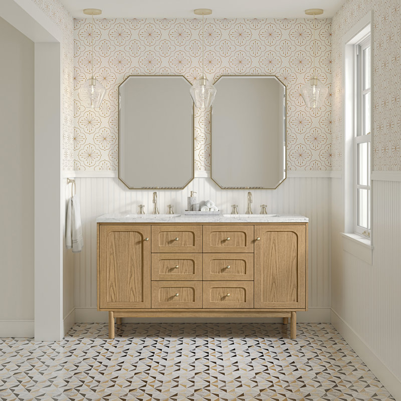 Laurent 60" Double Vanity, Light Natural Oak W/FreePower Wireless Charger, Eternal Jasmine Pearl, Light Natural Oak