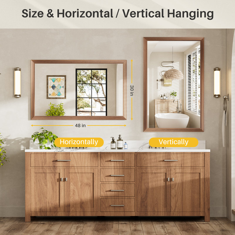 Miroirs de salle de bain modernes et contemporains en métal biseauté rectangulaire / carré avec verre trempé HD, Bois brun
