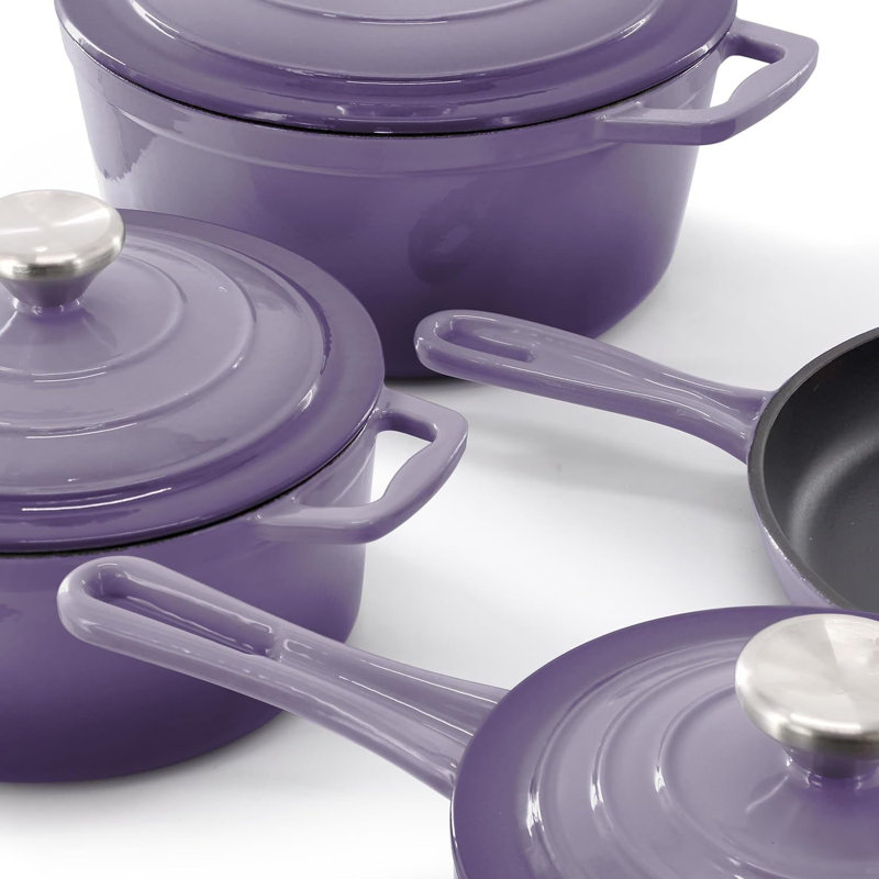 Batterie de cuisine en fonte émaillée 7 pièces, casseroles et poêles robustes avec finition en émail durable, collection de batterie de cuisine en fonte, mauve