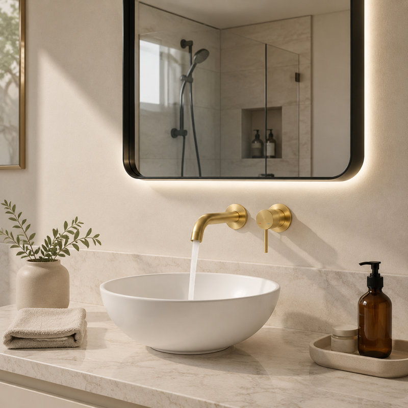 Wall Mount Bathroom Faucet with Single Handle Design and Brass Construction, Brushed Gold