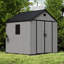 Gray wood-grain pointed-roof plastic tool shed