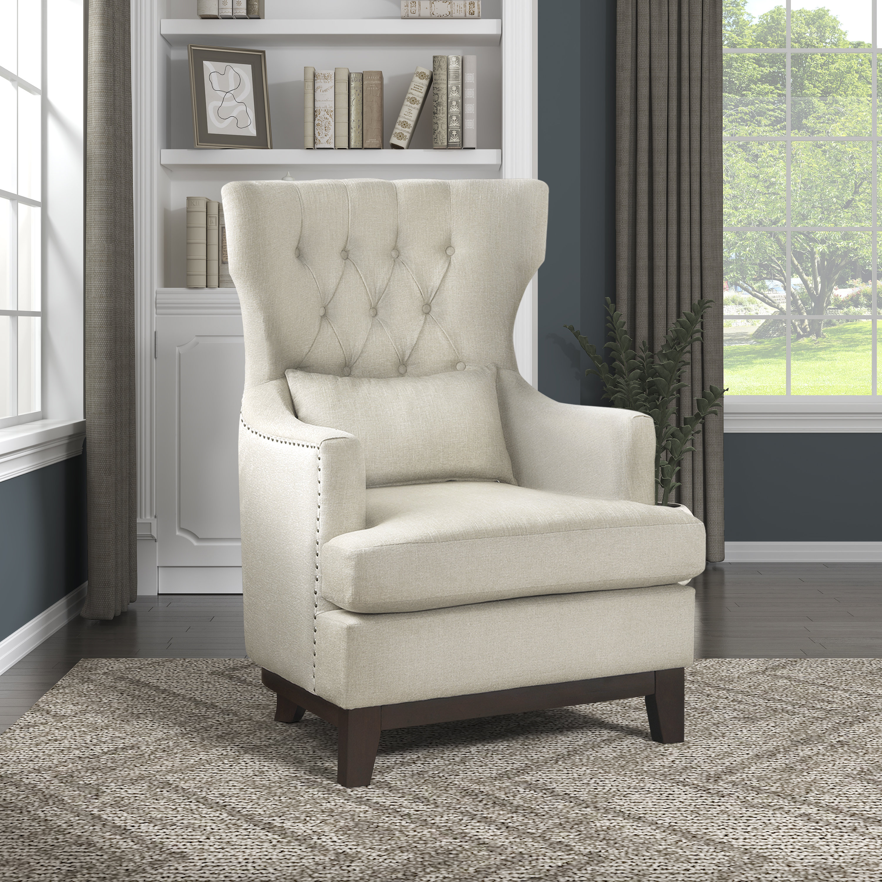 Button-Tufted Small Wingback Accent Chair with Rolled Arm and Thick Padded Cushion Mercer41 Fabric: Beige Polyester