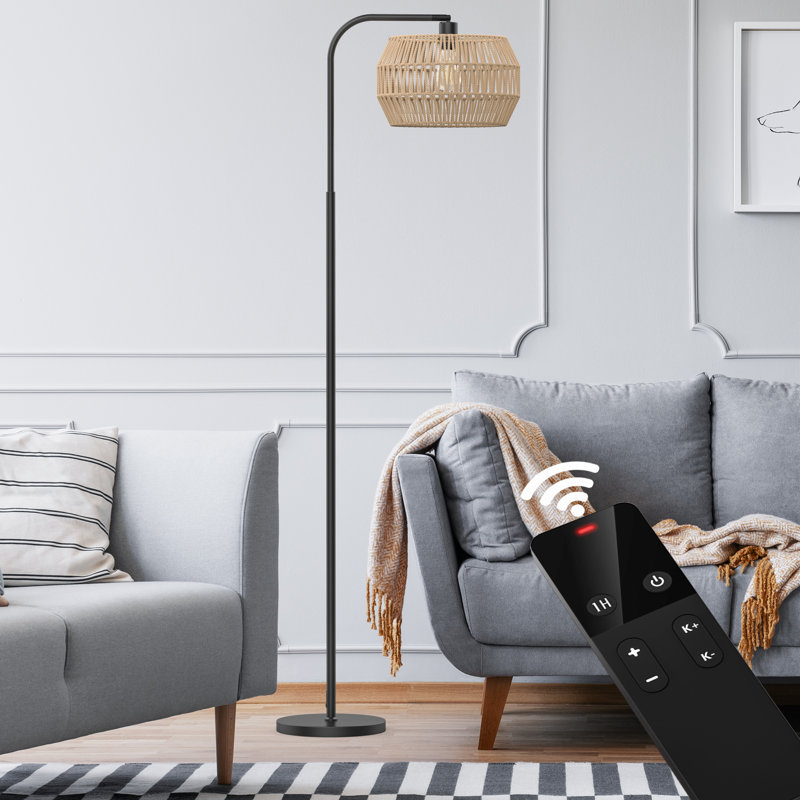 Lampe sur pied arquée en rotin Bhakti avec télécommande et ampoule incluse