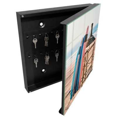 Key box for home, Opens to the left, 30x30x5, Black, Surfboards on the beach under a blue sky, 