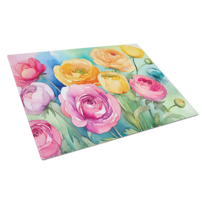 Renoncule dans une grande planche à découper en verre aquarelle