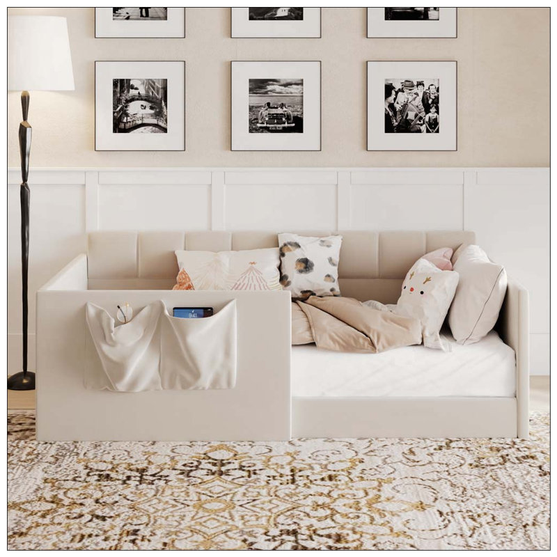 Daybed Velvet Upholstered Sofa Bed with High Side Panels and Side Entrance, Space-Saving Guest Bed with Storage Pockets, Twin