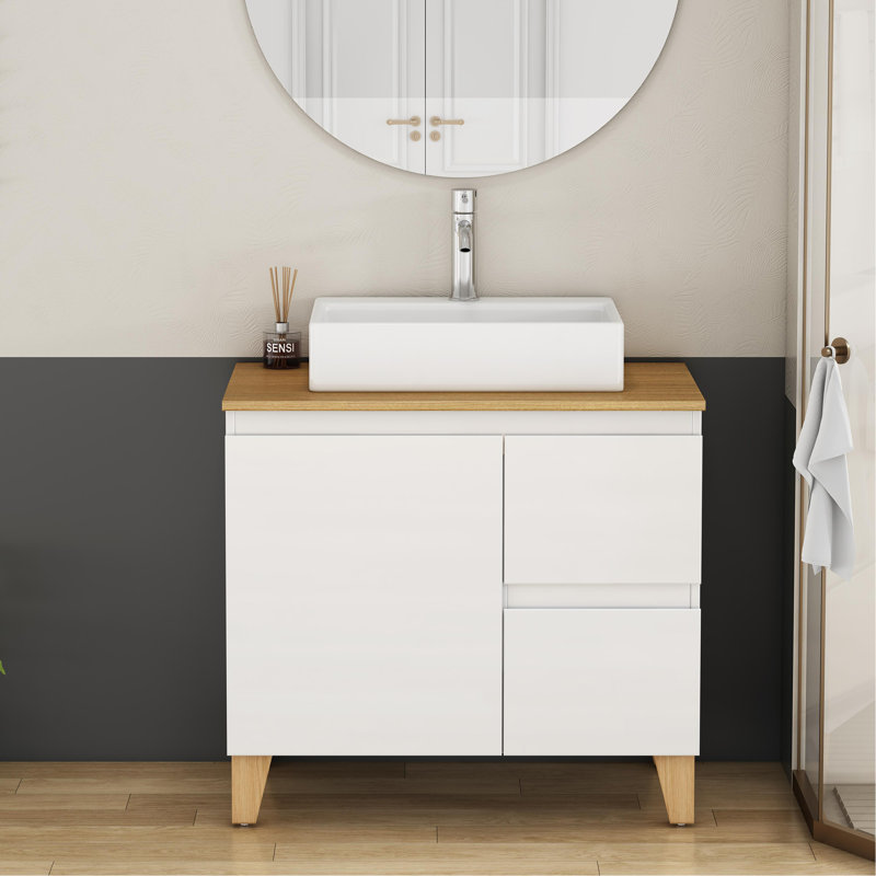 Ensemble de meuble-lavabo moderne avec lavabo, 1 porte et 2 grands tiroirs, système de cloisonnement doux, conception sans poignée, plateau et pieds en bois massif naturel, lavabo en céramique de forme carrée sur le comptoir