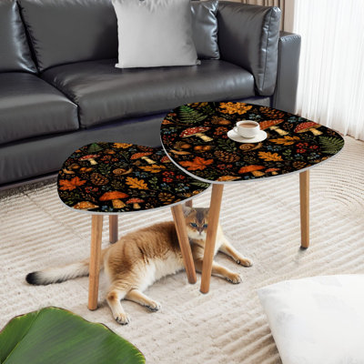 Ensemble de 2 tables gigognes triangulaires sans soudure, plantes, insectes, baies, chanterelles, champignon et table de bout