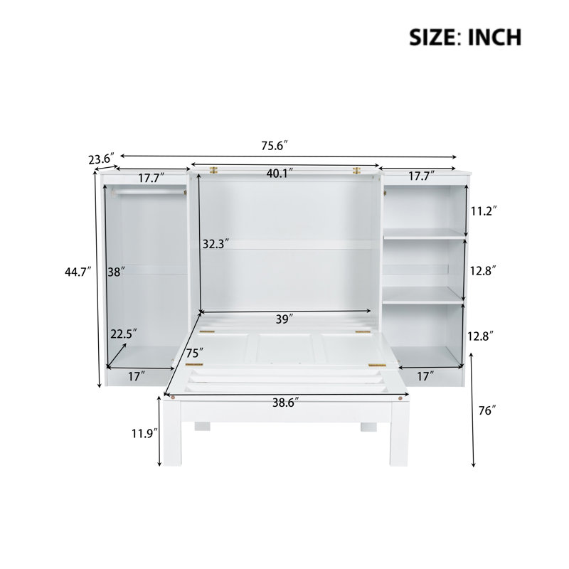  Lit simple escamotable avec garde-robe latérale, tablettes ouvertes et espace de couchage dépliable, blanc