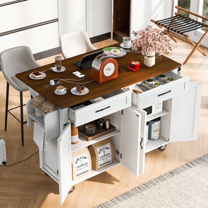 53.5''Farmhouse Kitchen Island With Power Outlet, White