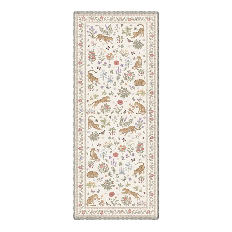 Floral Leopard Machine Washable Sable Beige Indoor Area Rug With Non-Slip Backing, Runner 2' x 6'