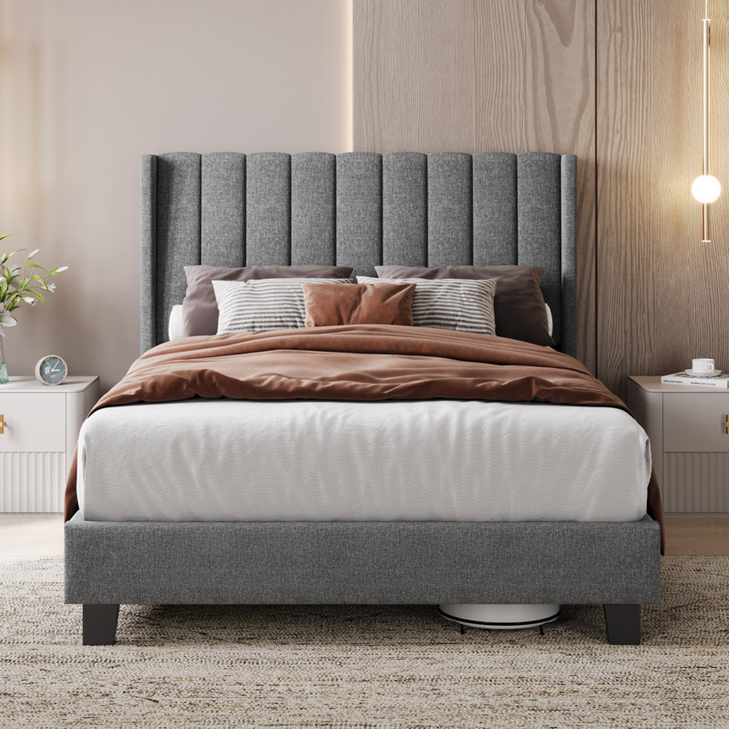 Upholstered Bed Frame with Channel Tufted Headboard, Double (4'6), Light Grey