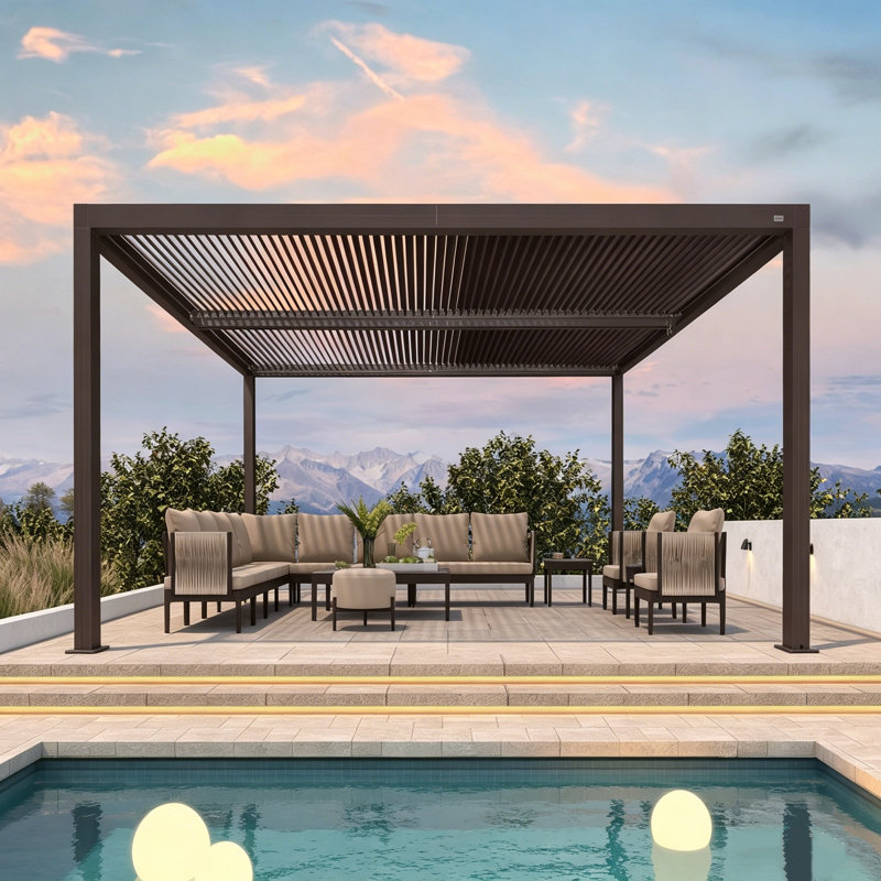 Pergola à persiennes en bronze mauve 11 pi x 13 pi avec toit réglable en aluminium et système de drainage pour terrasse
