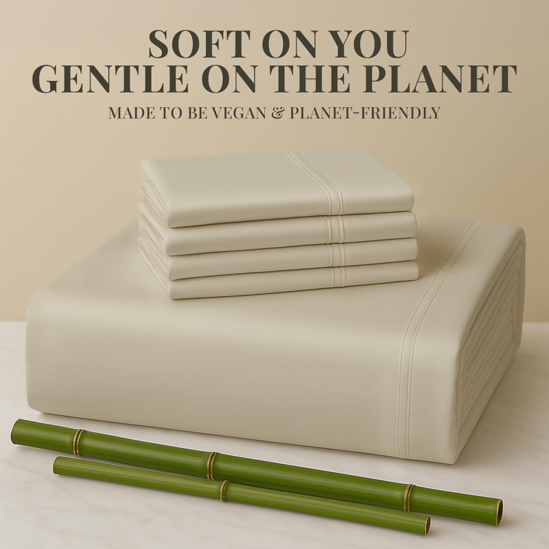 Premium Rayon From Bamboo Blend Sheet Set With Deep Pockets, Cooling and Breathable, Full Sheet Set with 4 Pillowcases, Cream
