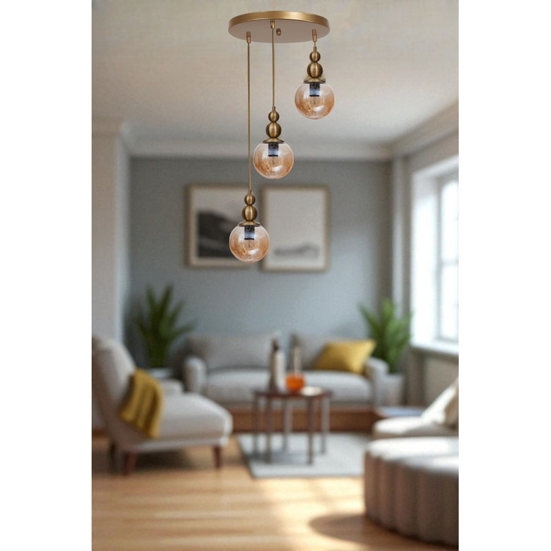 Lustre élégant miel et or, hauteur réglable (31,5 po), structure en métal avec capuchon en verre, plaque de base de 11,8 po | 3 x douilles E27 (40 W maximum) | Luminaire élégant pour le salon, la salle à manger et le vestibule