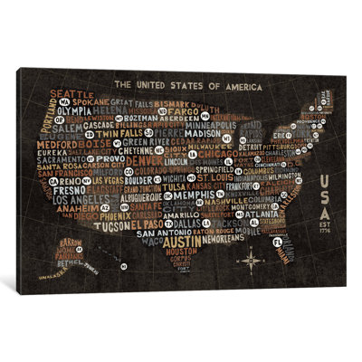 « us city map », impression sur toile tendue en brun