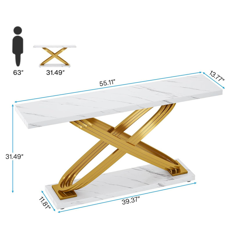 55" White Faux Marble and Gold Metal Console Table