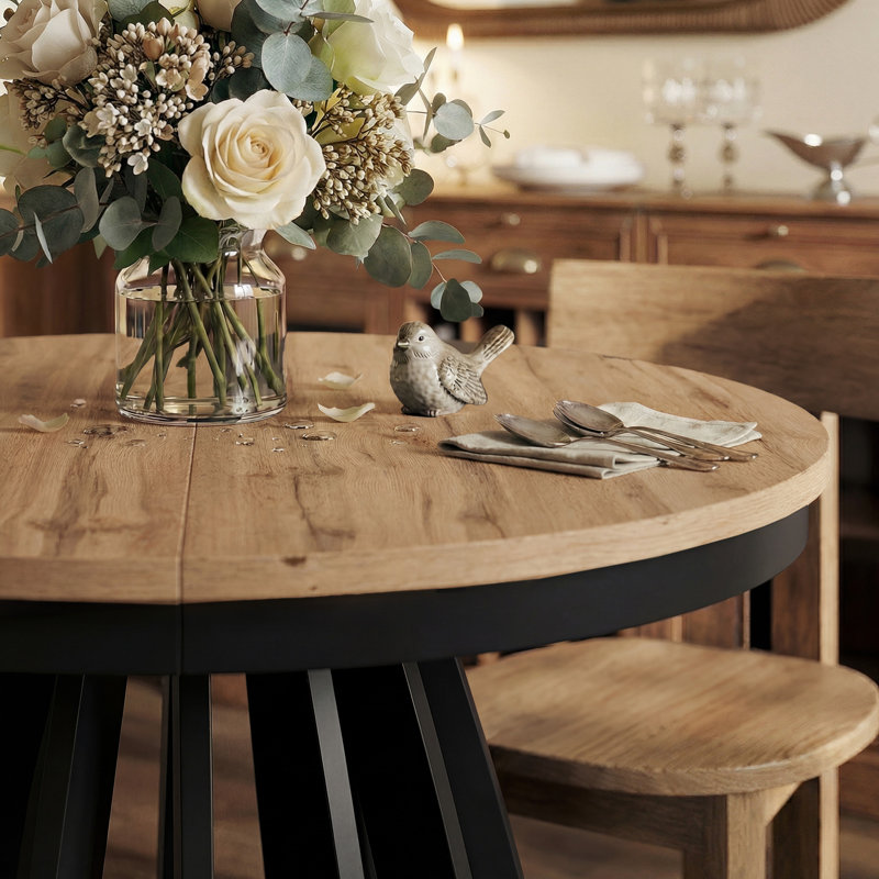 Extendable Round Dining Table, Black, Brown
