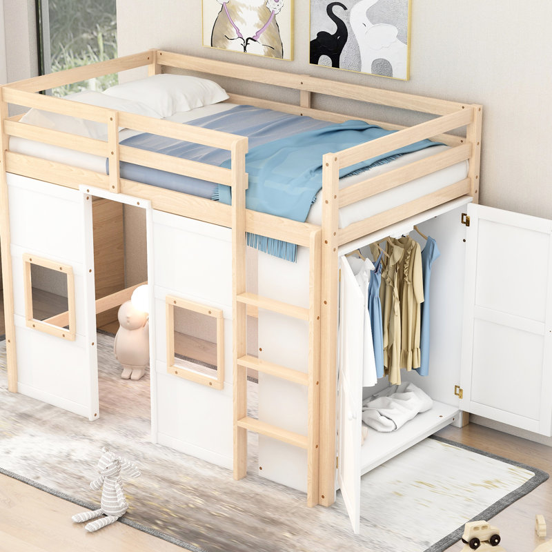 Lit mezzanine simple avec garde-robe de rangement - bois, naturel et blanc, sans sommier intégré et 2 fenêtres, bois naturel / blanc de qualité