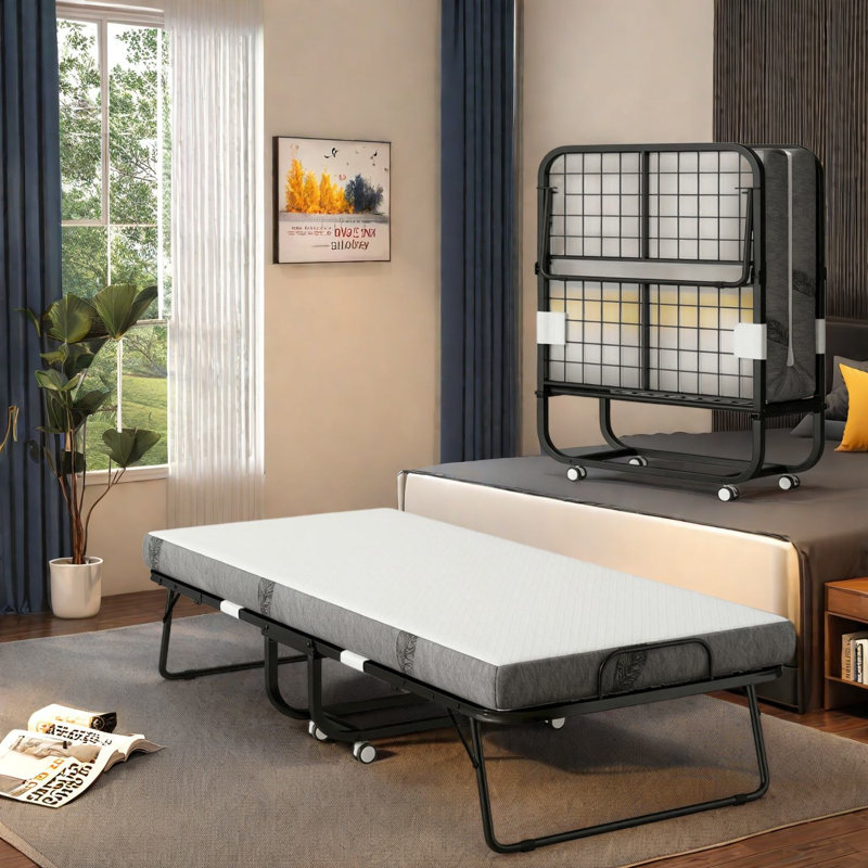 Lits portables avec rangement, lit d'invité moderne compact à structure en acier pour la maison