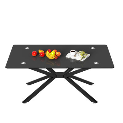 Rectangle Black Tempered Glass Coffee Table 38.27", Metal Legs For Store Display, High Capacity, Easy To Assemble