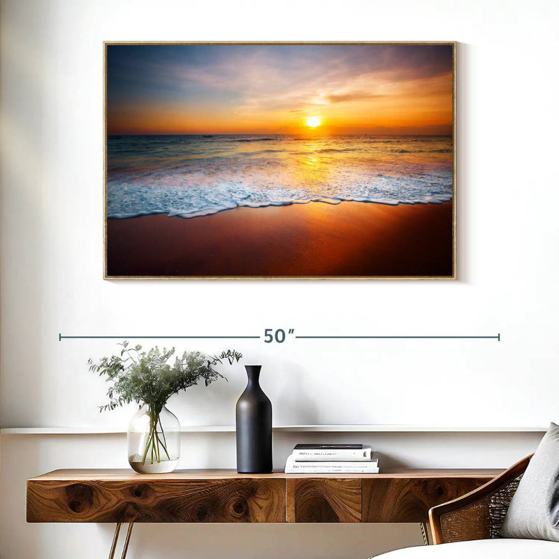 Coucher de soleil sur les vagues mousseuses, Cadre flottant en bois naturel, 40 po x 27 po