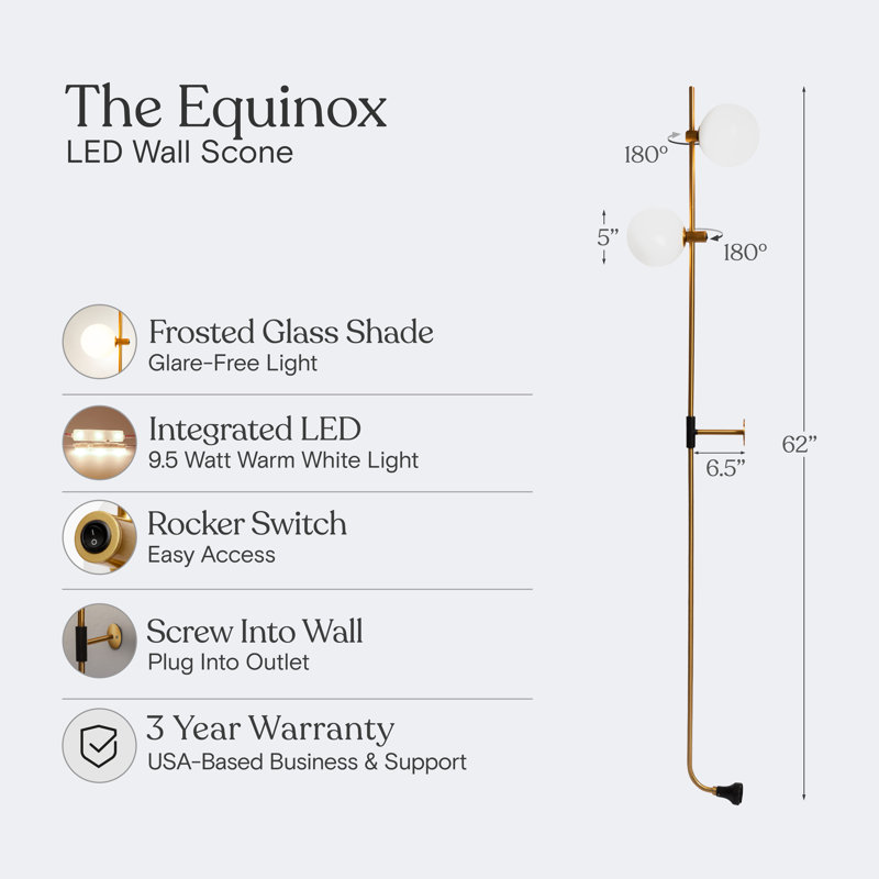 Equinox 62 in. Industrial Modern Wall Plug-In Sconce Lamp with Adjustable Heads and Frosted Globe Shades - Integrated Energy-Saving LED Light