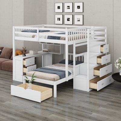 Lit superposé avec bureau, tiroirs et tablettes