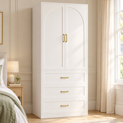 Bonamy White 2 Door Wardrobe with 3 Drawers and Gold-Tone Handles