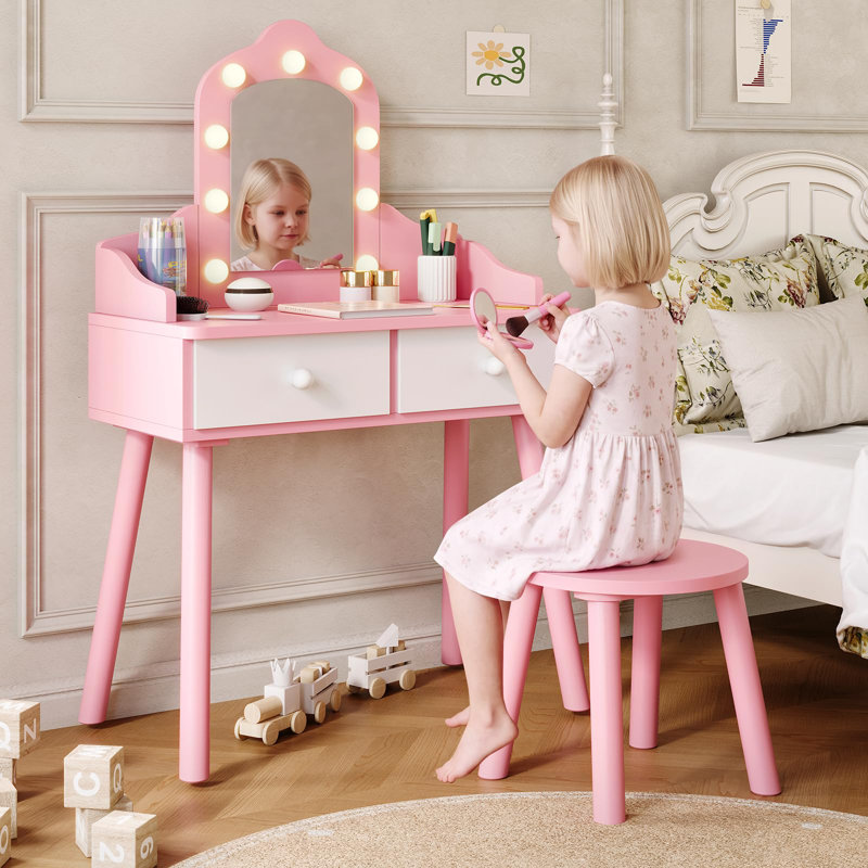Coiffeuse pour enfants, tabouret et 2 tiroirs, coiffeuse pour tout-petits, ensemble 3 couleurs Mirro éclairé, rose, Pink
