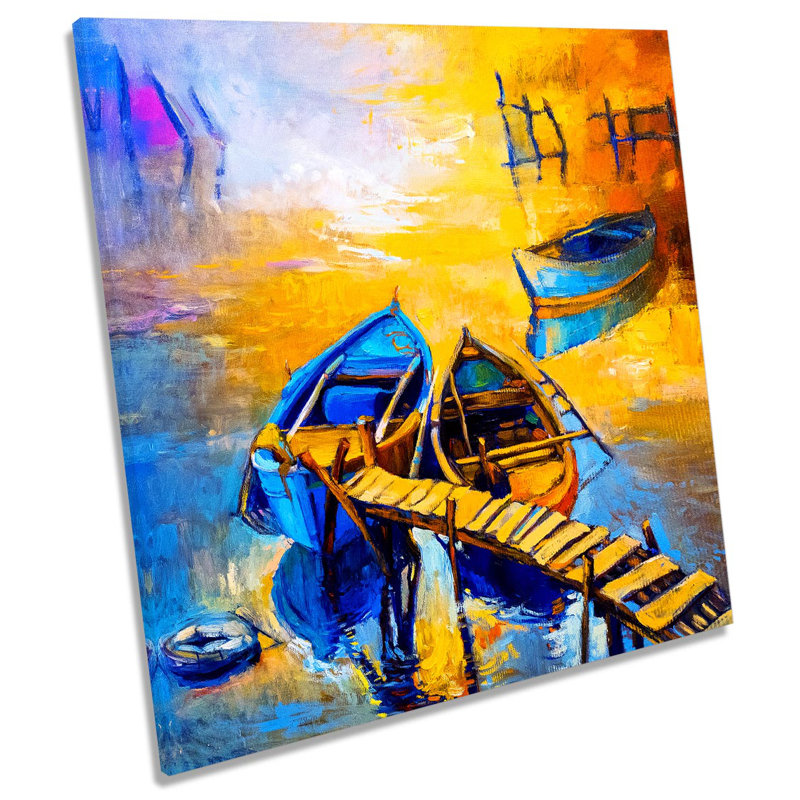 Sunset Boats Jetty Lake - Wrapped Canvas Painting, 91.4cm H x 91.4cm W x 4cm D
