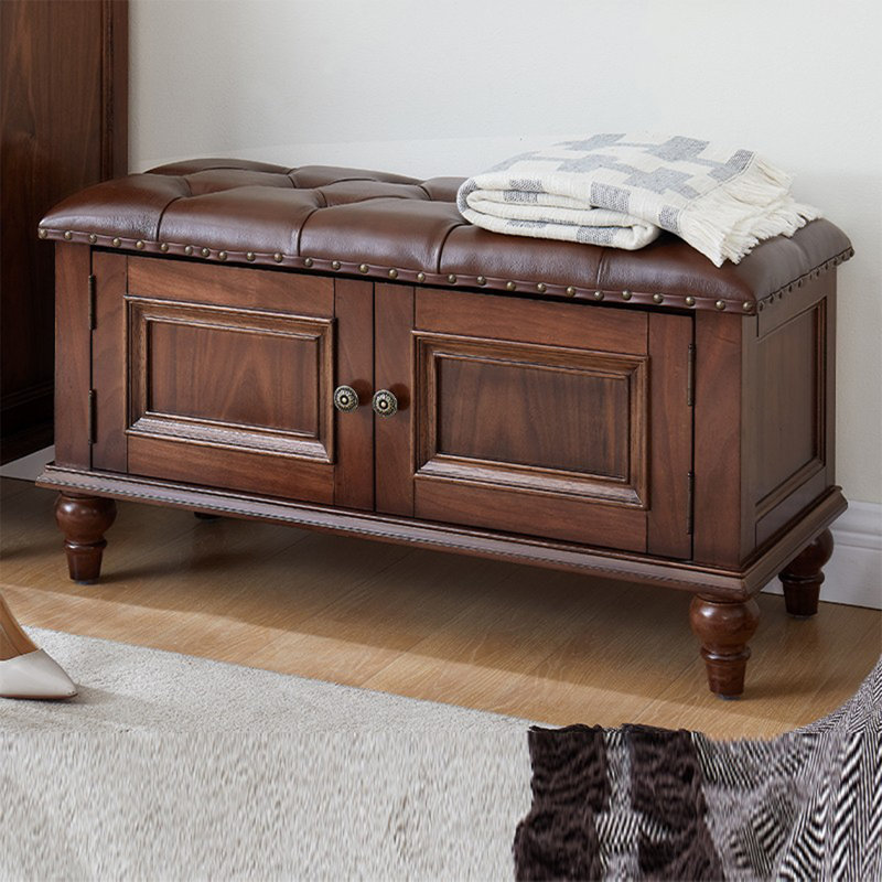 Dark Brown Upholstered Shoe Storage Bench, 18.9" H x 35.43" W x 14.96" D
