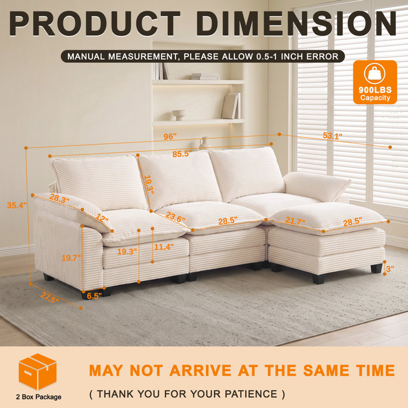 Canapé Cloud en velours côtelé avec accoudoirs extra-larges, 96"L, Beige