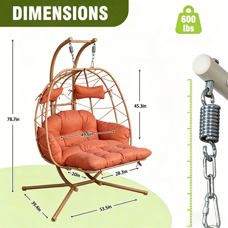 2 Person Hanging Egg Chair with Stand, Double Outdoor Wicker Swing Chair with Adjustable Footrest & Thickened Cushions, Red