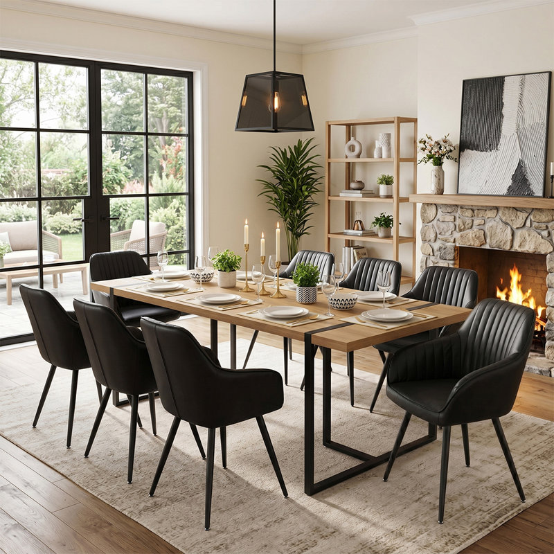 Ensemble de salle à manger rectangulaire moderne 79 po avec table en grain de bois et 8 fauteuils rembourrés en similicuir