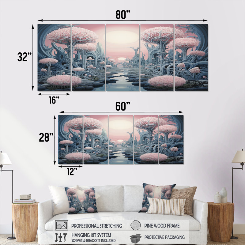 Cvetan - Art mural abstrait paysage 5 pièces, H 28 po x l 60 po