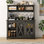 Armoire-bar de style campagnard de 47 po avec 3 huche de rangement, armoire à vin avec éclairage à DEL, armoire de cuisine avec porte de grange coulissante et 10 supports à vin et à verre pour la salle à manger de la cuisine